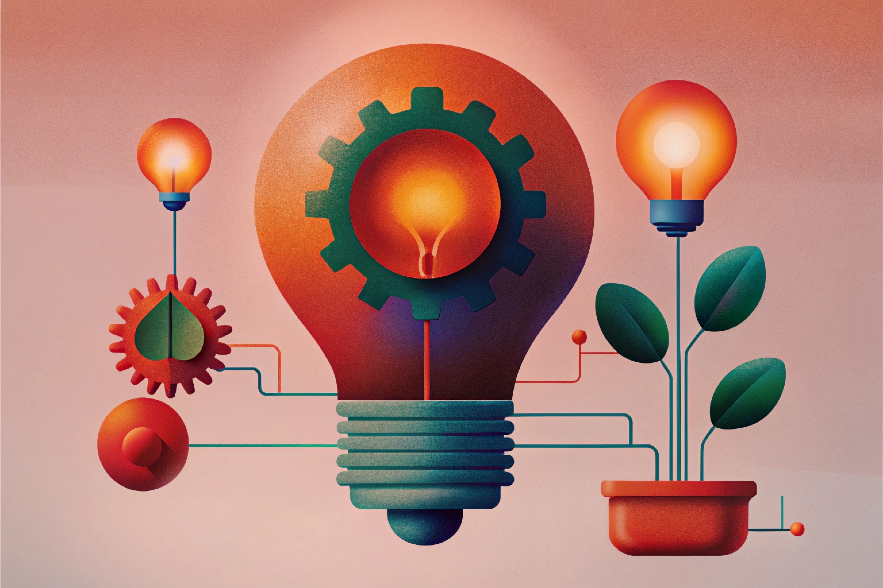 Conceptual illustration of innovation and sustainable growth, featuring interconnected light bulbs, gears, and a plant growing in a pot—all linked by colorful wires to symbolize ideas, technology, and eco-friendly energy.