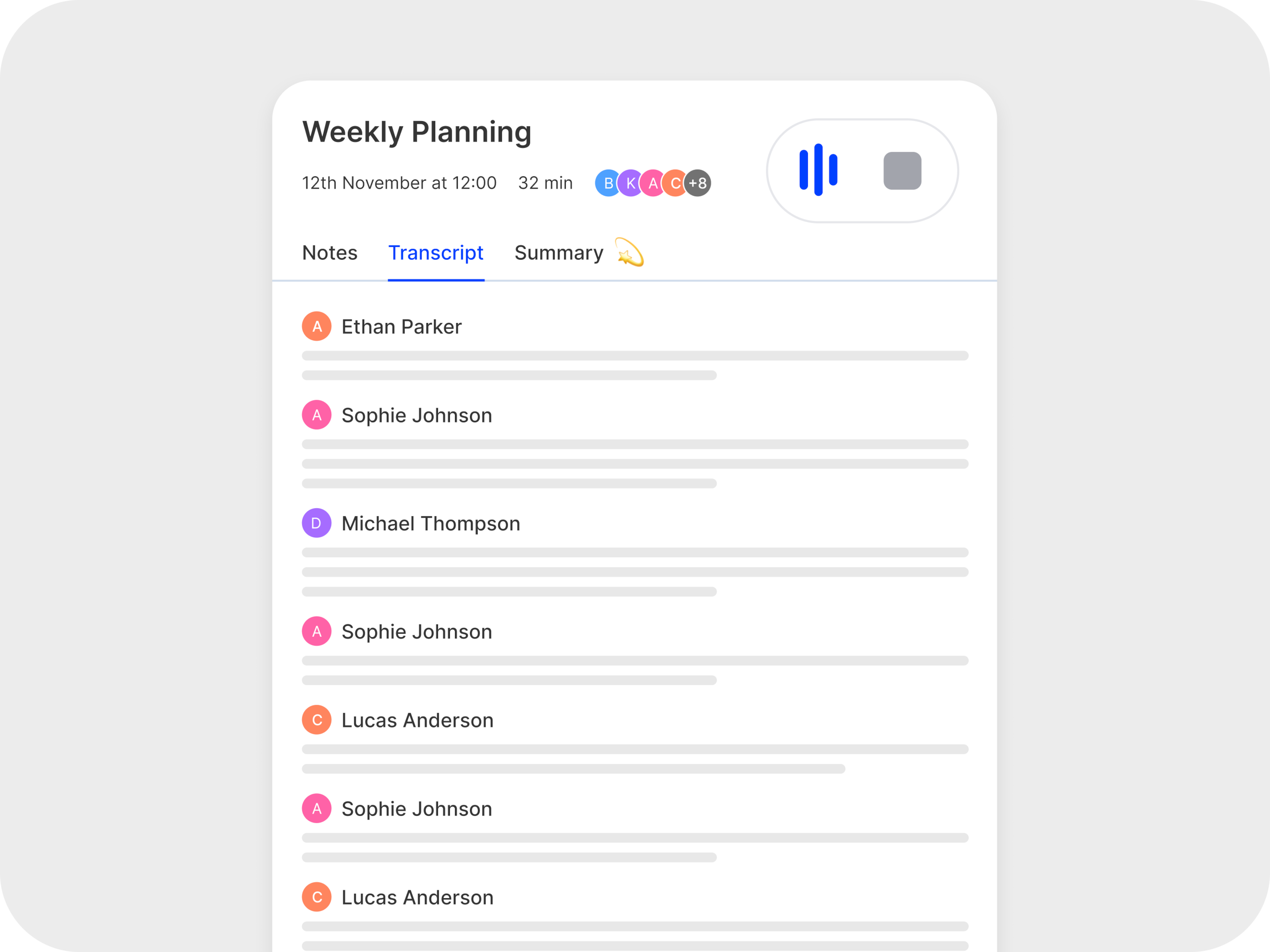 Weekly meeting transcript view in MyMeets showing speaker names and dialogue lines for accurate meeting documentation.