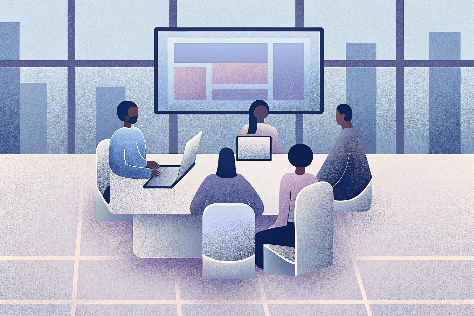 Team using digital tools during a collaborative meeting in a corporate setting.