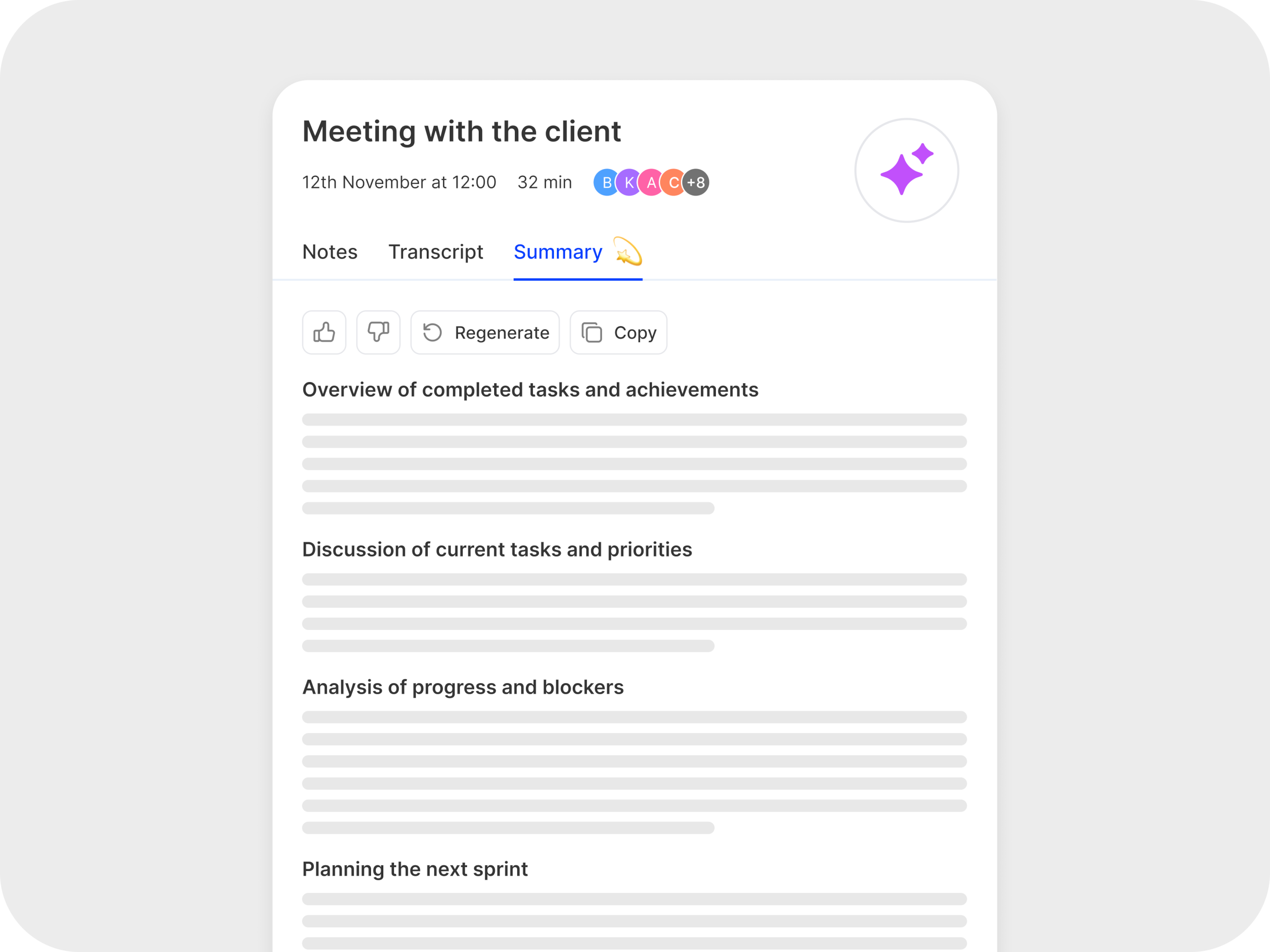 User interface of an AI-generated meeting summary labeled 'Meeting with the client', showing structured sections such as completed tasks, current priorities, blockers, and sprint planning — with options to regenerate or copy the summary.