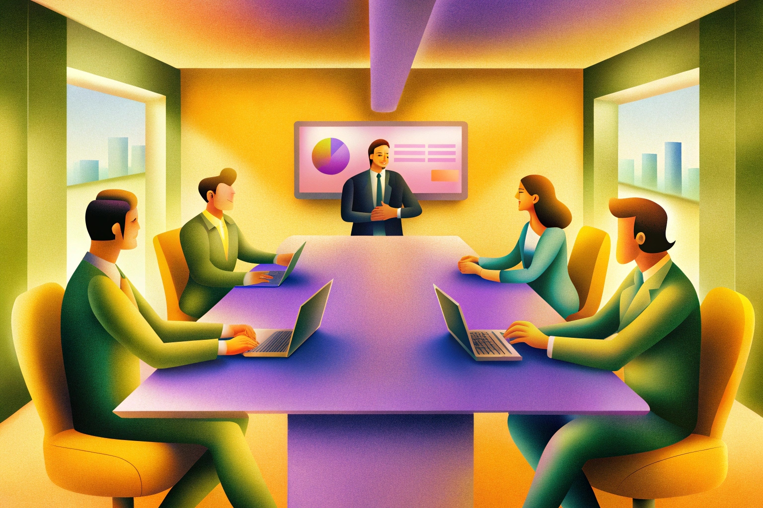 Colorful illustration of a business meeting with five professionals seated around a conference table, discussing sales strategy with laptops open and a presentation screen displaying charts in the background.