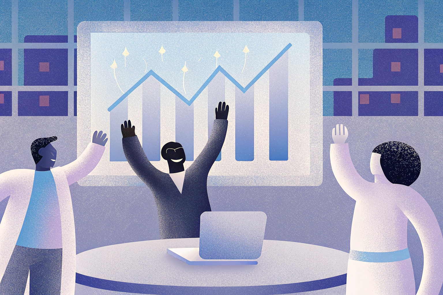 Team celebrating business growth with rising chart on screen, symbolizing success and productivity in a modern workplace.