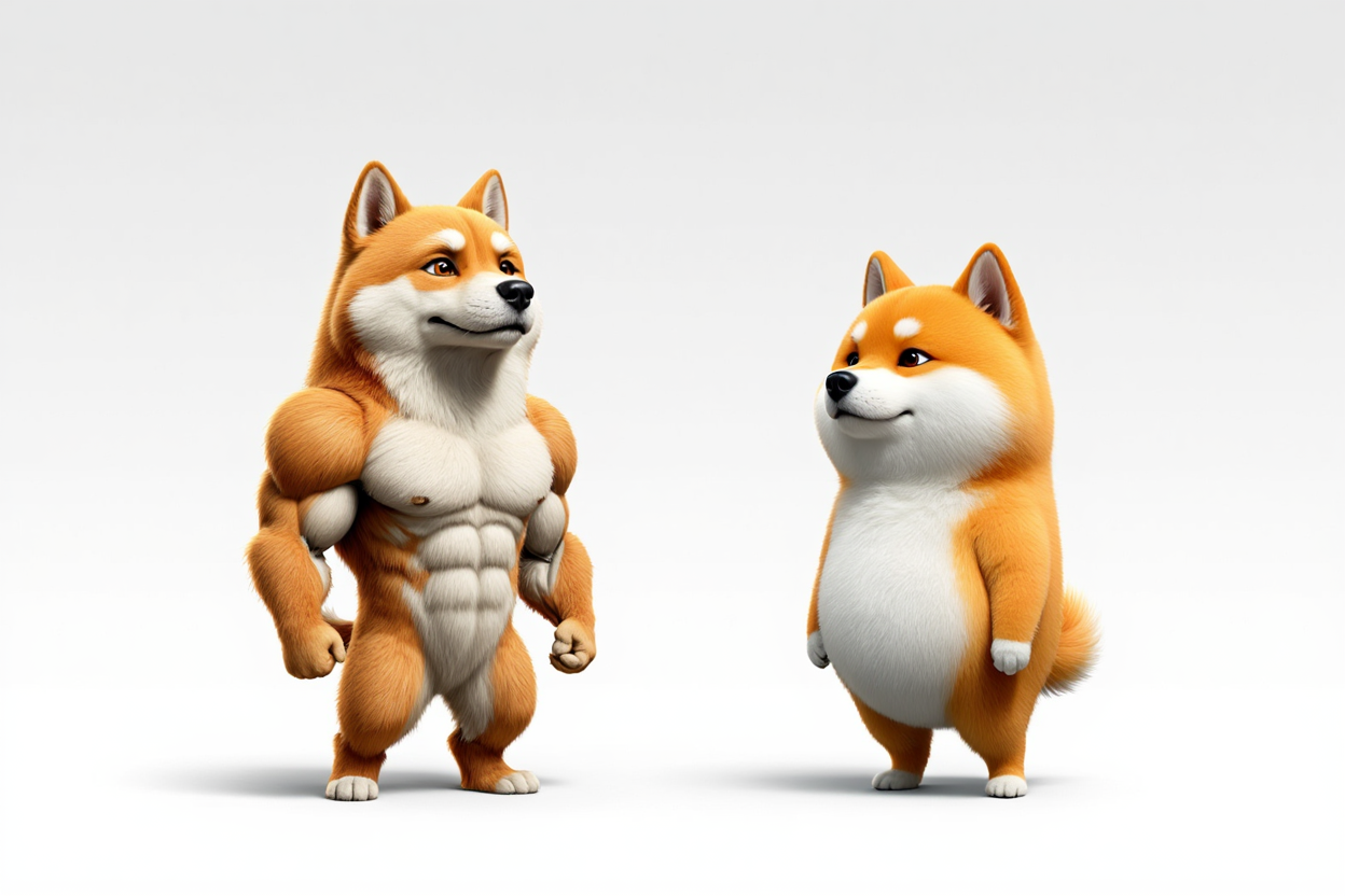 Illustration of the 'Buff Doge vs. Cheems' meme, depicting a muscular Shiba Inu (Buff Doge) representing strength and confidence, contrasted with a smaller, timid Shiba Inu (Cheems) symbolizing weakness and insecurity.