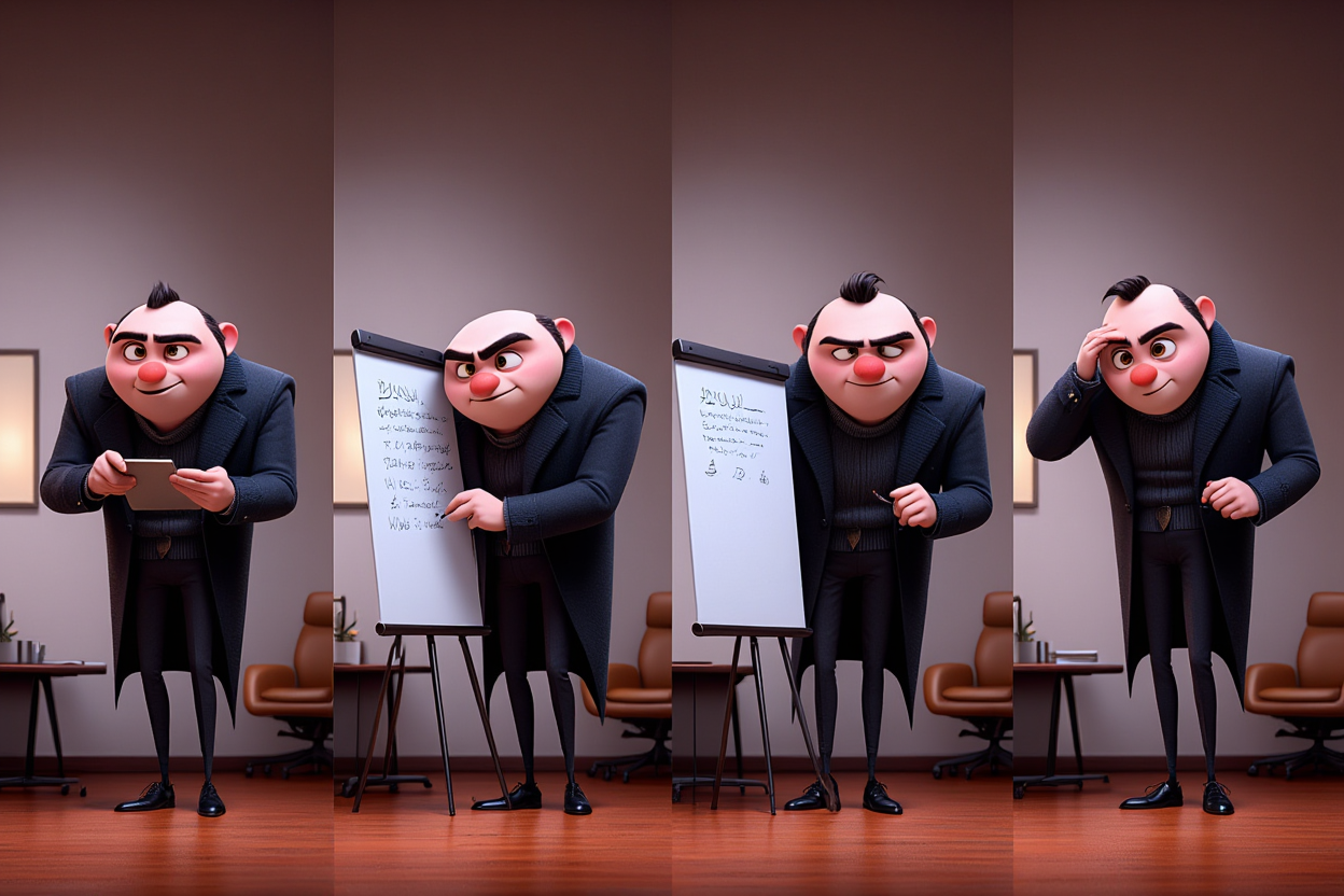 Cartoon-style character in a black coat presenting and explaining ideas on a whiteboard in a modern office setting. The four-panel sequence shows the character using a tablet, pointing to notes, thinking, and looking confused or reflective.
